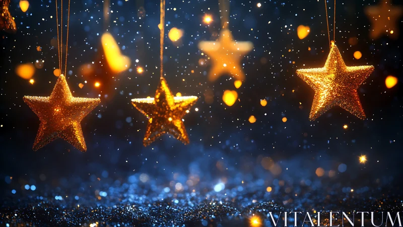 Golden glitter star ornaments with bokeh night glow.