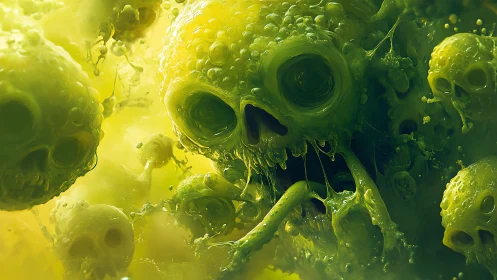 Mutating toxic skull swarm in acidic neon slime haze.