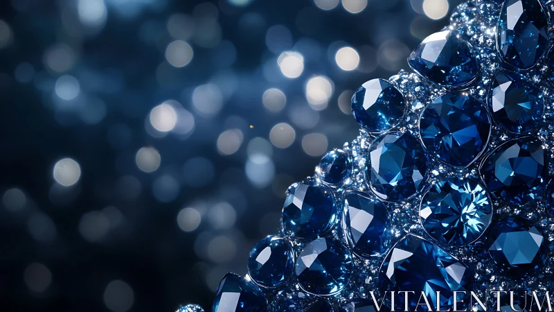 Cluster of faceted blue gemstones with blurred light bokeh.