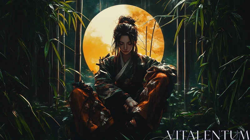 Solitary samurai meditates beneath a luminous harvest moon.