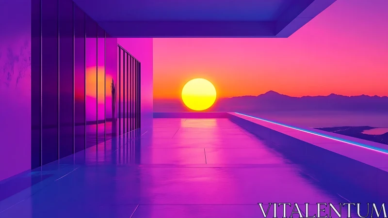 Neon-lit modern terrace overlooks stylized sunset horizon