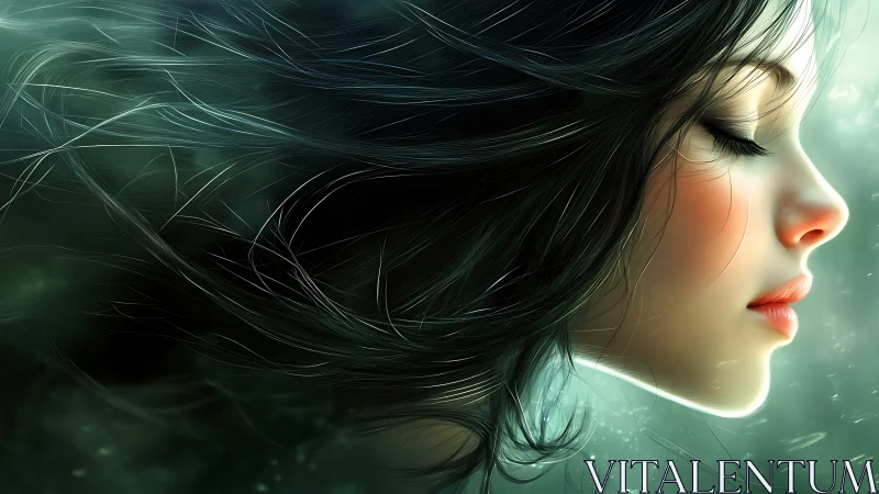 Digital portrait profile of serene woman with flowing hair.
