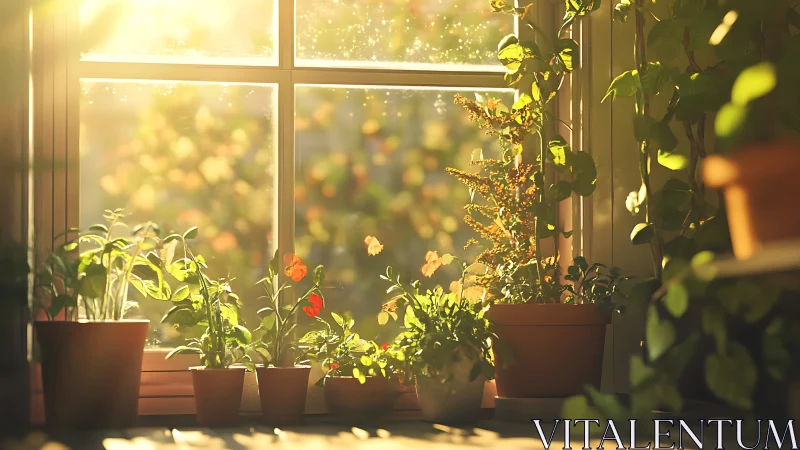 Sunlit window supports multiple potted plants in soft focus