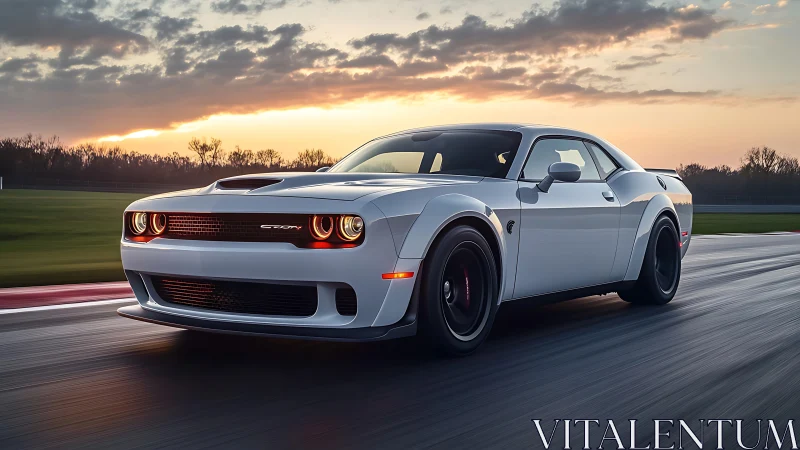 White performance coupe on racing circuit at sunset.