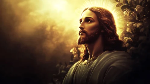 Digital portrait depicts haloed male figure in radiating light