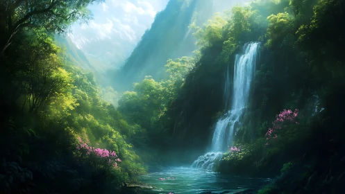 Lush jungle waterfall under ethereal morning light.