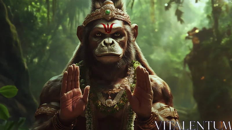 Divine monkey warrior raises blessing hands in misty jungle
