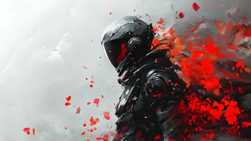 Armored figure in helmet stands amid dispersed red fragments