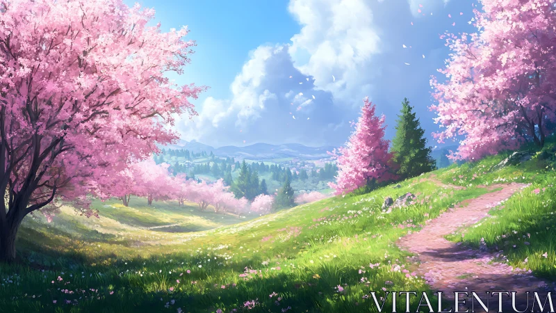 Springtime whispers stroll through the cherry-blossom hills
