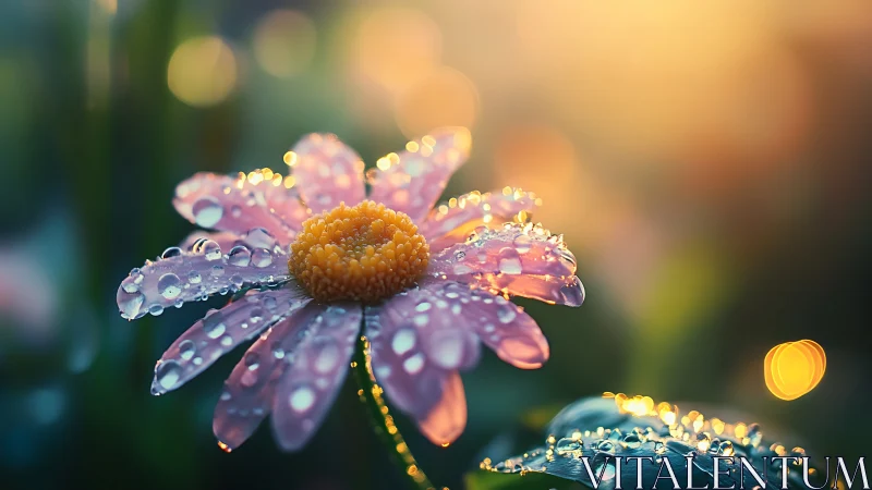 Pink Cosmos With Golden Center Covered In Dewdrops.