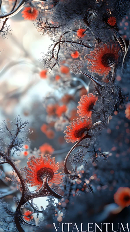 Neo-organic coral blossoms in frosted bokeh forestscape.