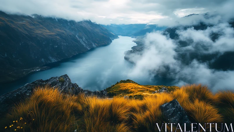 Cloud-kissed fjord and molten-gold grasses at dawn’s edge.