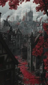 Crimson cobblestone curse beneath a smoldering gothic citadel.