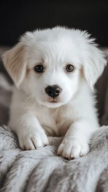 Photorealistic portrait of white puppy on soft textured throw.