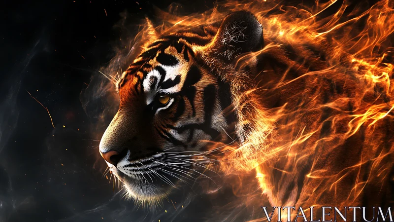 Fiery tiger portrait blazes against a dark, dramatic void