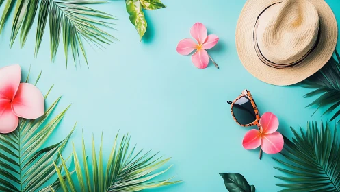 Sunny straw-hat daydream framed by tropical leaves and blooms.