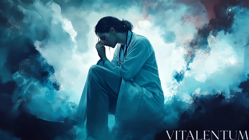 Weary healthcare worker pauses alone in swirling blue clouds