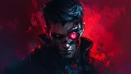Neon-eyed cyber renegade framed in electric crimson storm.