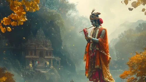 Divine flutist beside misty temple gorge in autumn light.