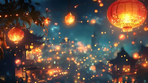 Lantern festival cityscape glows with warm floating lights.