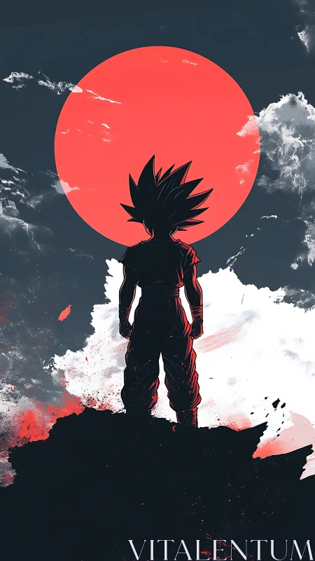 Silhouetted warrior stands against oversized crimson sun