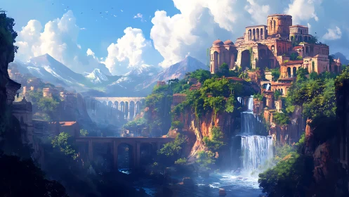 Tiered cliffside citadel integrates waterfalls and arched aqueducts