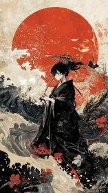 Red sun looms over kimono-clad woman in crashing waves.