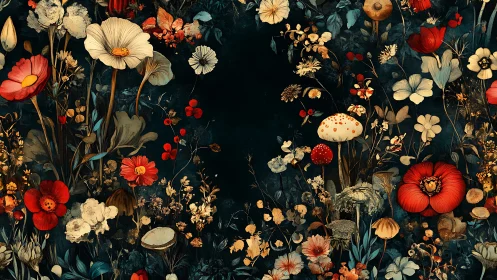 Dense digital floral and fungi illustration frames dark center