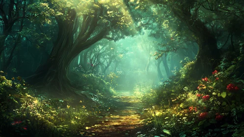 Enchanted Forest Path. Golden Light Through Ancient Trees.
