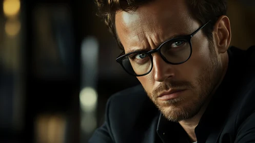 Close portrait of man with glasses in dim interior setting.