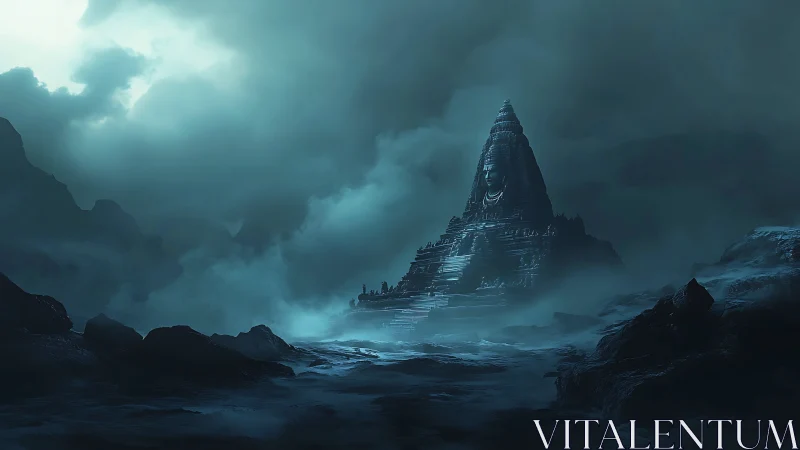 Misty mountain temple with colossal serene stone face.