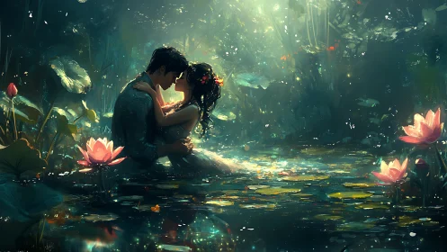 Couple in Mystical Lotus Pond Under Ethereal Light.