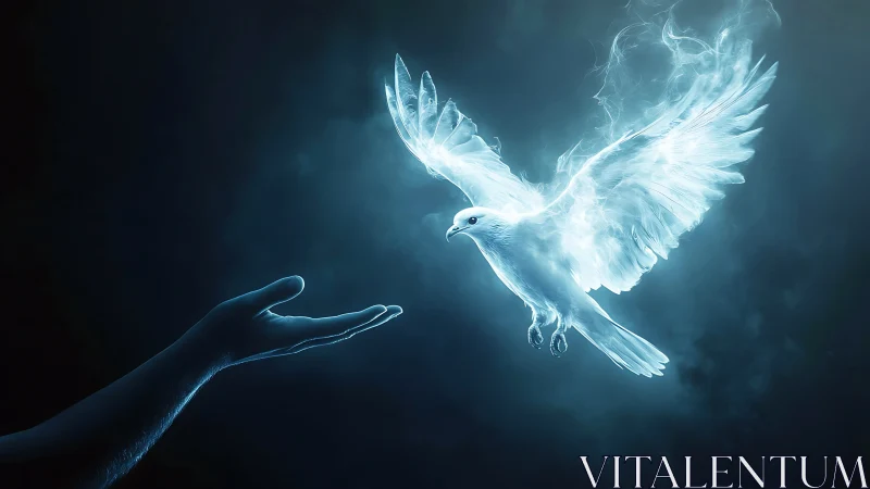 Luminous spirit dove rises from an outstretched human hand.