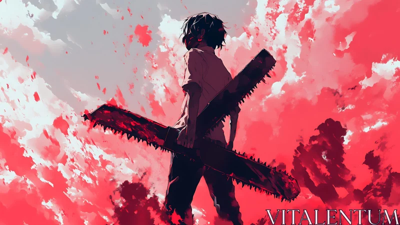 Chainsaw rebel carves silence into a storm red sky