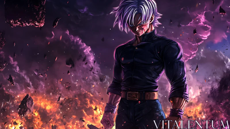Brooding anime warrior stands amid a burning, fractured sky