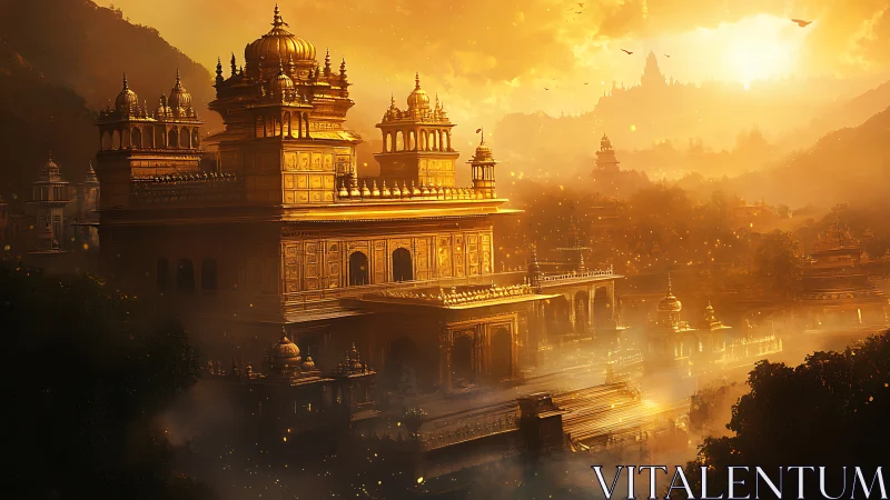 Golden temple city in hazy sunset over river valley.