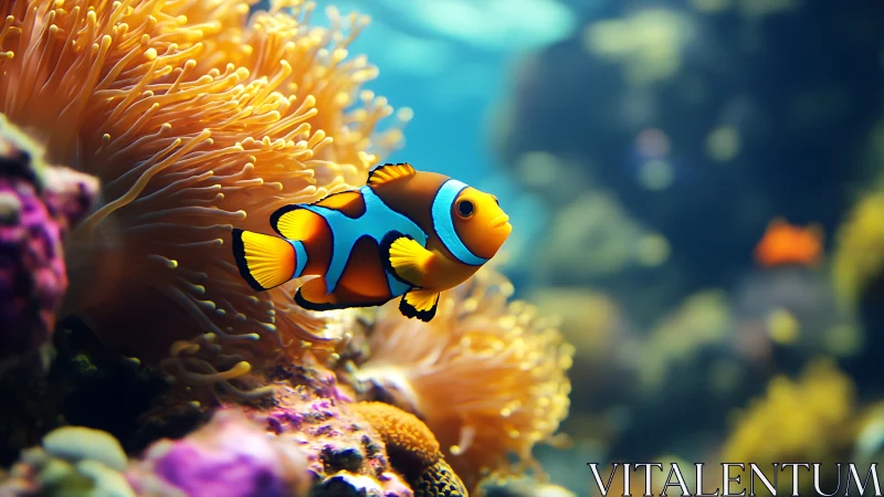 Bright reef clownfish drifting through a colorful coral home.