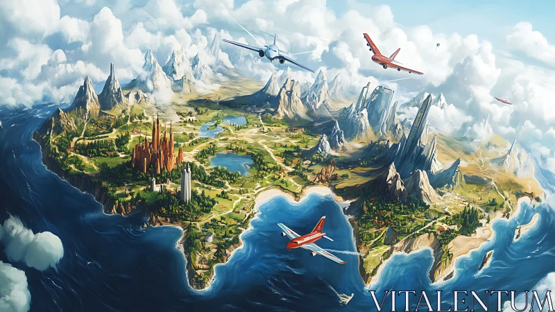 Floating fantasy continent with vivid aircraft traffic.