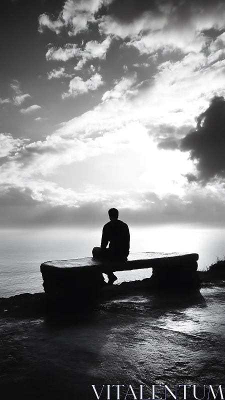 Silhouetted figure on coastal stone bench at high-contrast dusk