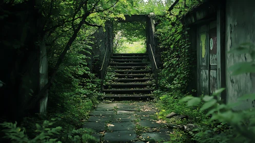 Overgrown stone stairway through abandoned garden passage.