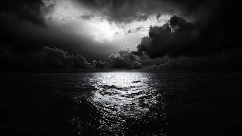 Monochrome seascape under storm front with central glare focal point.