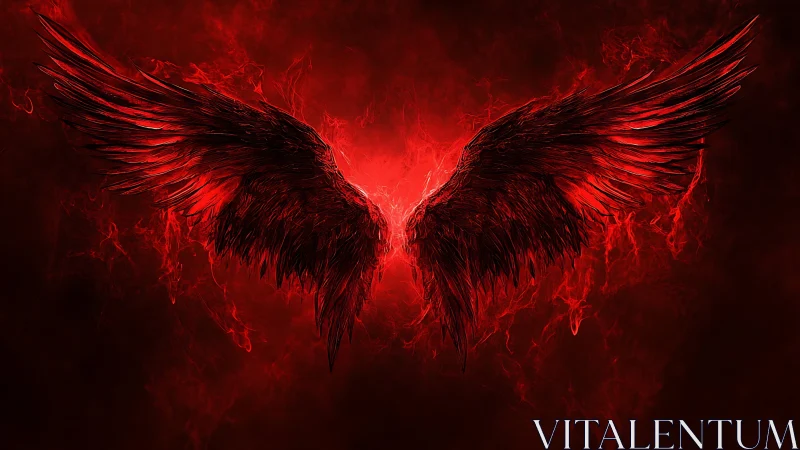 Dark red feathered wings spread against glowing background.