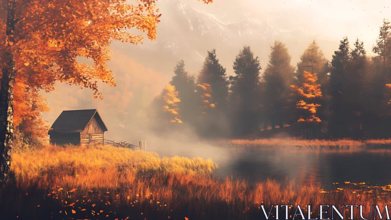 Autumn lakeside cabin in mist with dense golden deciduous forest