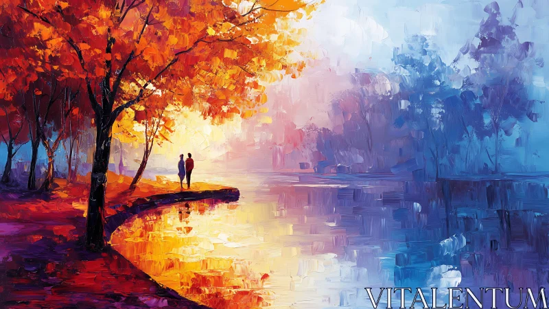 Couple by autumn lake in vivid warm and cool contrast.