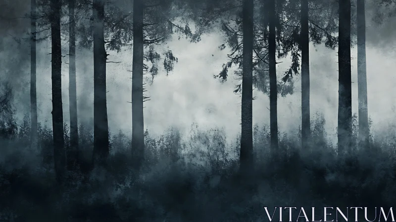 Fog-draped pines rehearse a silent ghost story at dawn