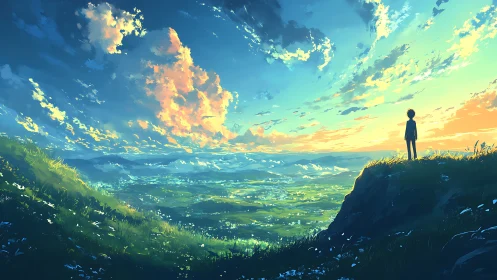 Solitary figure watches glowing valley under vast sky