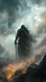 Storm-lit warrior strides through swirling ash and fire