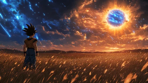 Anime warrior watching cosmic sun over windy field.