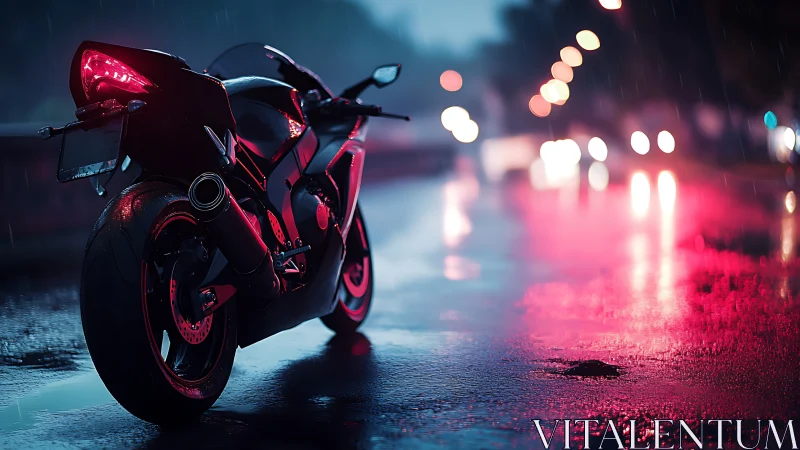 Sport motorcycle on wet city road at night in neon light.