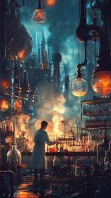 Solitary chemist works in a fiery industrial dreamscape laboratory.